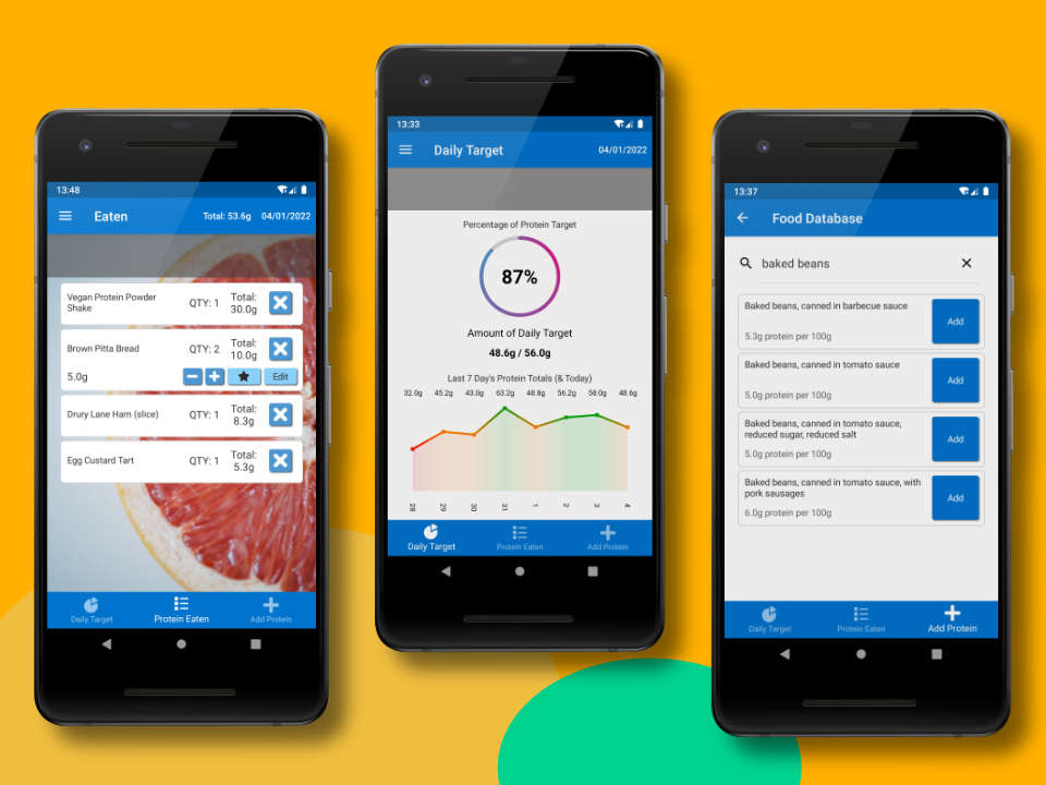 Three mobile phones showing the eaten, daily target and food database screens of the Protein Tracker X app