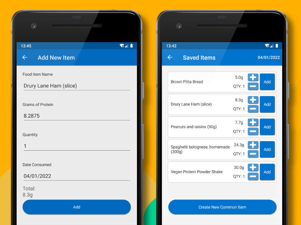 Two mobile phones, showing the Add New Item and Saved Items screens of the Protein Tracker X app