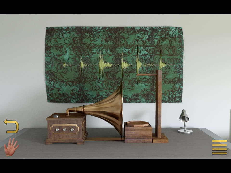 The gramophone puzzle screen from What Lies Underground, an unusual contraption with a green poster behind showing a sound wave
