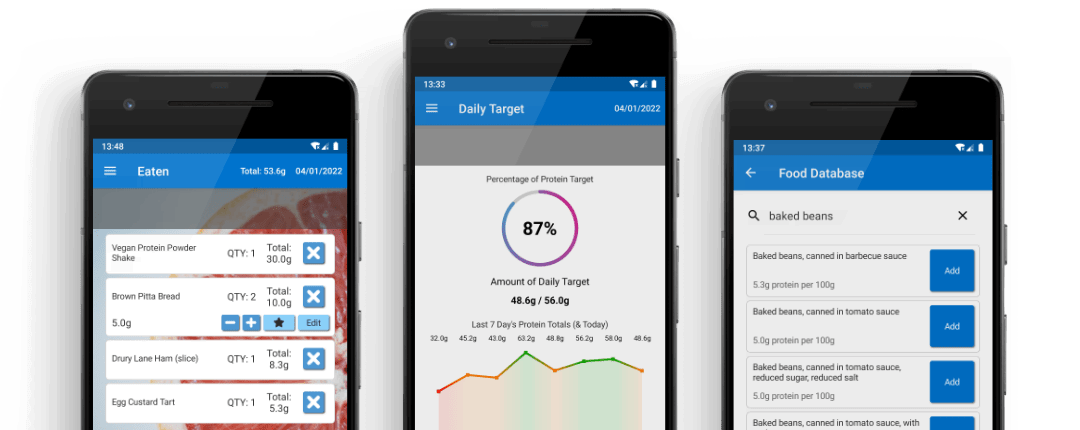 Three mobile phones showing the upper part of the Eaten, Daily Target and Food Database screens of the Protein Tracker X app