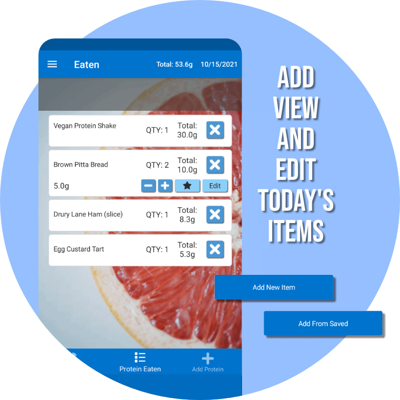 A closeup, showing features of the Eaten page from the Protein Tracker X app