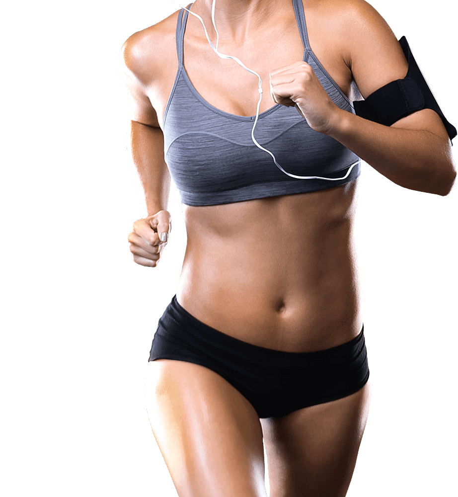 The torso, arms and upper legs of an athletic woman running, a type of person that might benefit from tracking protein consumption