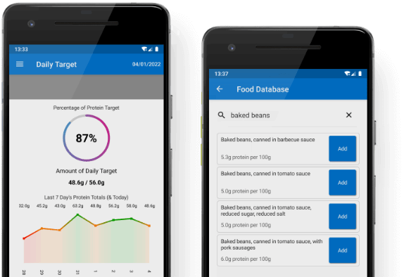 The top section of two mobile phones, displaying the Daily Target and Food Database pages of the Protein Tracker X app